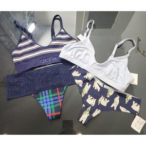 Aerie 4pc Bundle 2 Bralettes 2 Thongs NWT Small Navy Stripe Polar‎ Bear Plaid